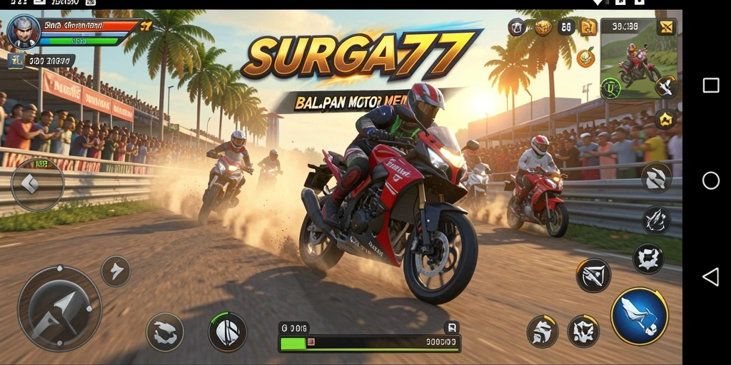 Screenshot utama SURGA77 menampilkan aksi balapan motor yang mendebarkan.